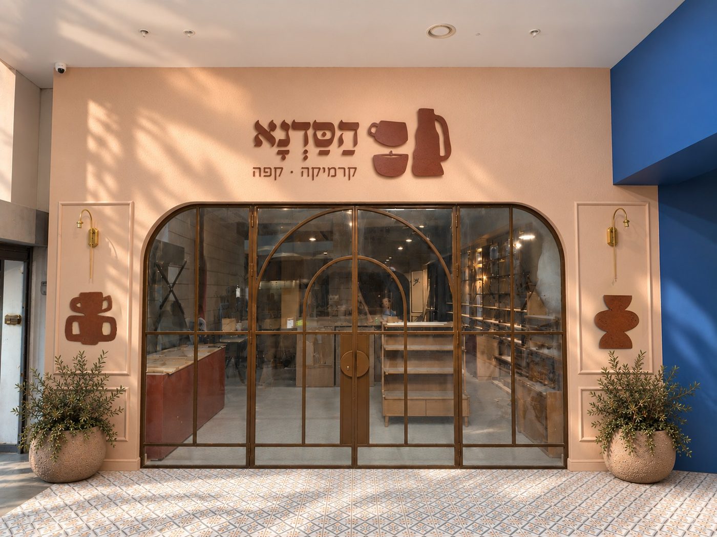 חזית הסטודיו בהקדר 10: דלתות זכוכית בקשת, הלוגו של הסדנא קרמיקה קפה ועציצים בכניסה